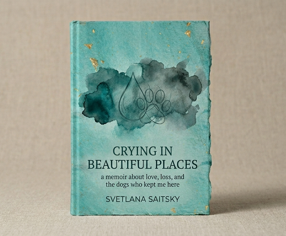 Crying in Beautiful Places book cover — a teal watercolor wash with a gold-flecked ink line drawing of a dog
